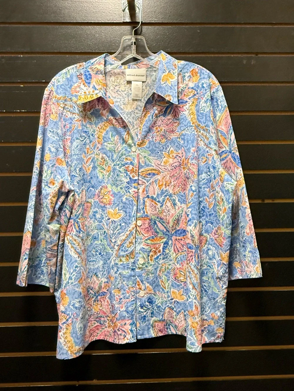 Alfred Dunner Women’s XL Blue Floral Paisley Button Front 3/4 Sleeve Blouse